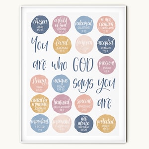 Christian wall print Identity in Christ: You are who God says you are | Blue, pink and gold kid&#39;s or teenager&#39;s bedroom printable download