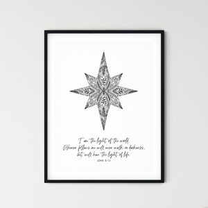 May include: Black and white printable art print with a starburst design and the quote "I am the light of the world. Whoever follows me will never walk in darkness, but will have the light of life. John 8:12"