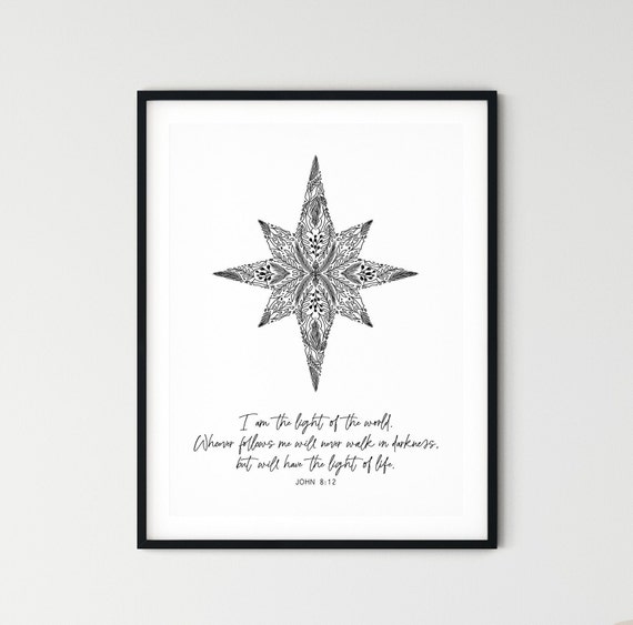 John 8:12 | Light of the World | Minimalist Christmas Decor | Botanical Christian Wall Art | Aesthetic Bible Verse Print | Xmas card