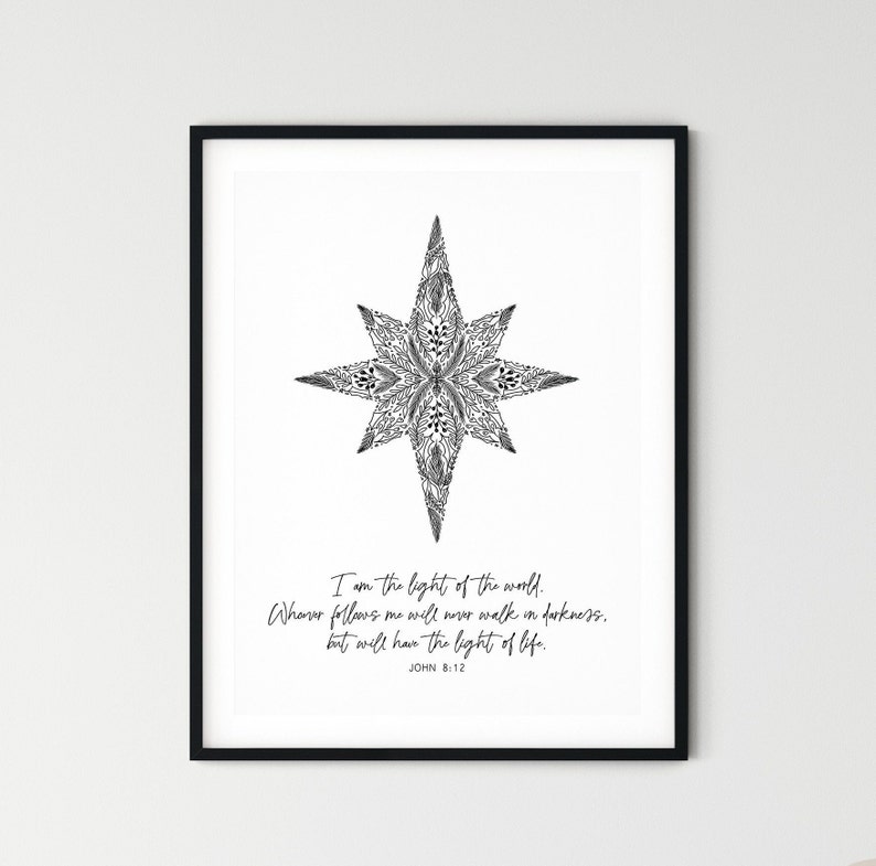 May include: Black and white printable art print with a starburst design and the quote "I am the light of the world. Whoever follows me will never walk in darkness, but will have the light of life. John 8:12"