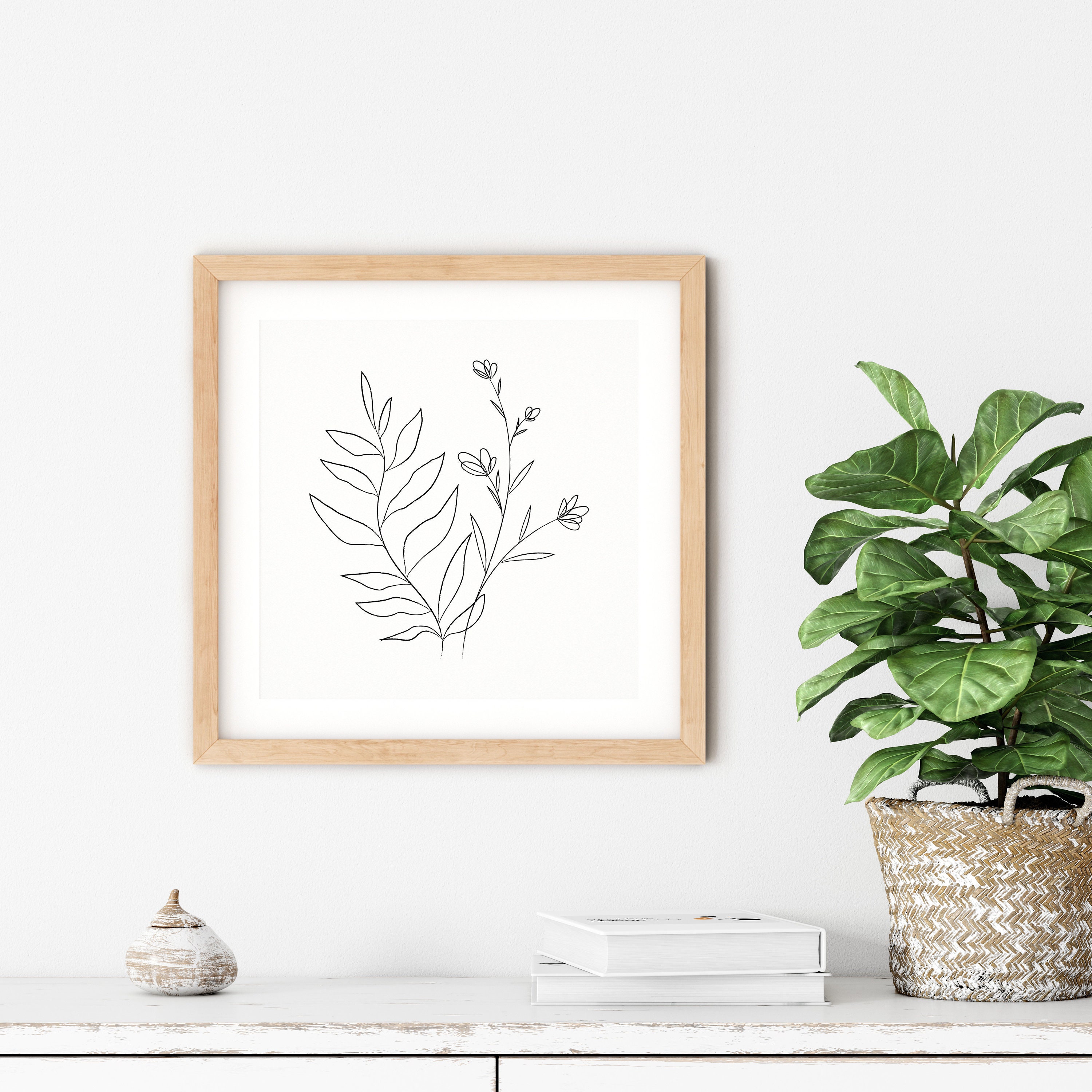 Minimalist Floral Line Art Print, Black & White Nordic Decor (digital ...