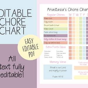 Puede incluir: Un cuadro de tareas imprimibles para niños con un esquema de colores pastel. El cuadro se titula "Anastasia's Chore Chart" e incluye una lista de tareas regulares, ideas de puntos extra y un versículo de memoria. El cuadro es totalmente editable, con espacio para el nombre del niño, las tareas y los puntos ganados.