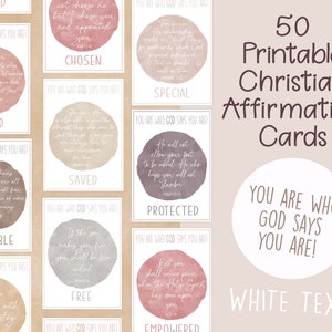 50 Cartões de Afirmação Cristã / Escrituras para Imprimir | Versículos da Bíblia sobre Identidade em Cristo | Você é quem Deus diz que você é | Boho vintage TEXTO BRANCO