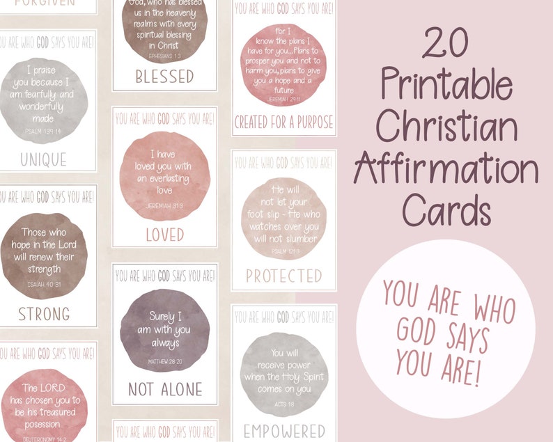 Printable Christian Affirmation / Scripture Cards | Identity in Christ Bible Verses |You are who God says you are |Neutral blush home school 