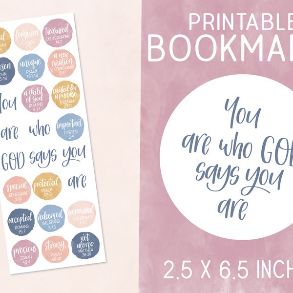 Blue pink peach gold themed printable bookmark | You are who God says you are | Identity in Christ | Christian downloadable art DIY gift