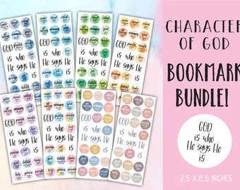 May include: A set of six colorful bookmarks featuring watercolor designs with the words "God is who He says He is" and various attributes of God, such as "love", "powerful", "good", and "faithful". Each bookmark is 2.5 inches by 6.5 inches.