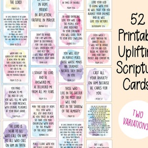52 tarjetas bíblicas inspiradoras: tarjetas imprimibles con versículos bíblicos para aliviar la ansiedad. Opciones de texto en acuarela arcoíris o negro.
