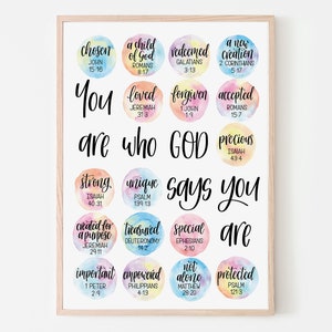 Identity in Christ Christian Wall Art | Inspirational Bible verses: You are who God says you are |Rainbow watercolour theme |homeschool art