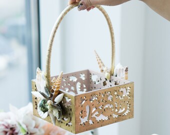 Beach Flower Girl Basket-Here comes theBride-White Tropical Petals Basket-Girls Gift basket-Wooden Wedding burlap basket-Bride Hawaii basket