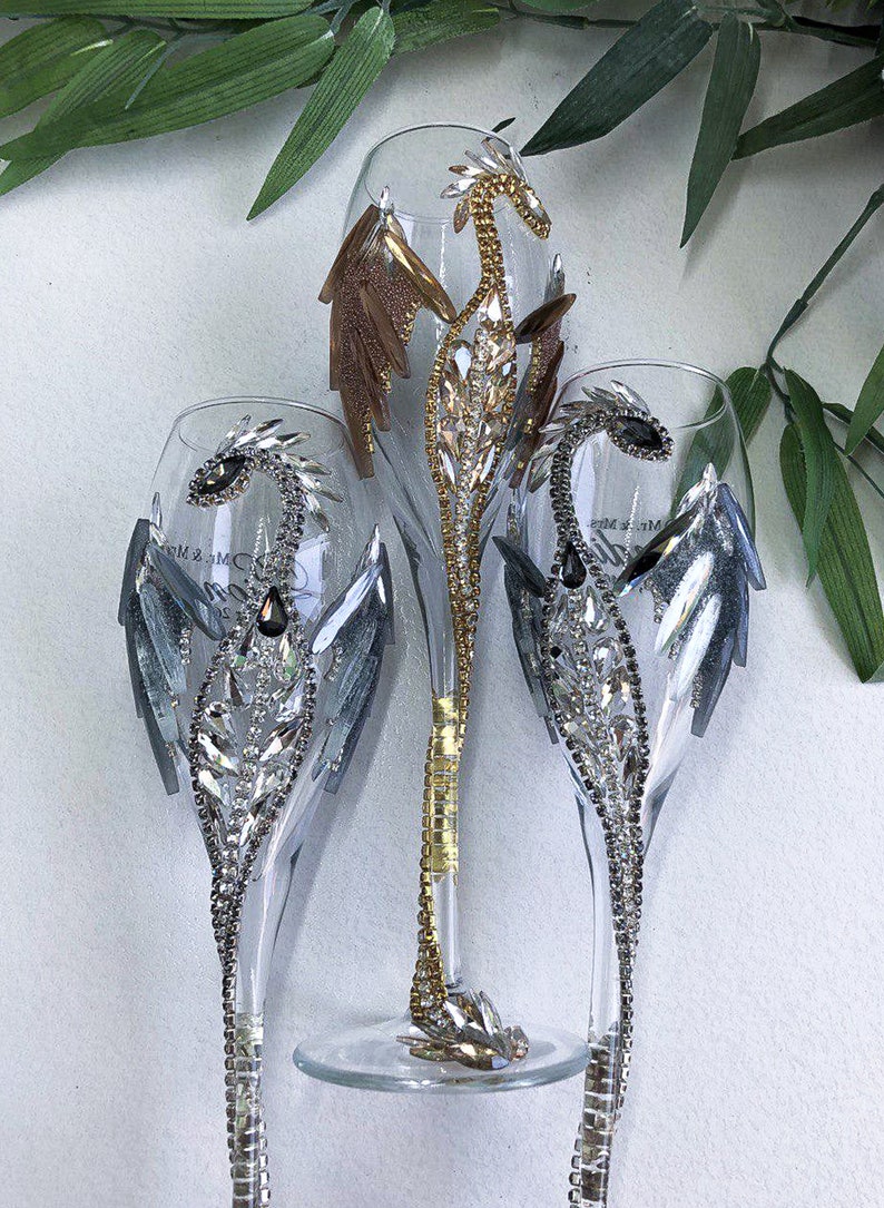 Gold or Silver Dragon Champagne Flutes Wedding Glasses for Etsy