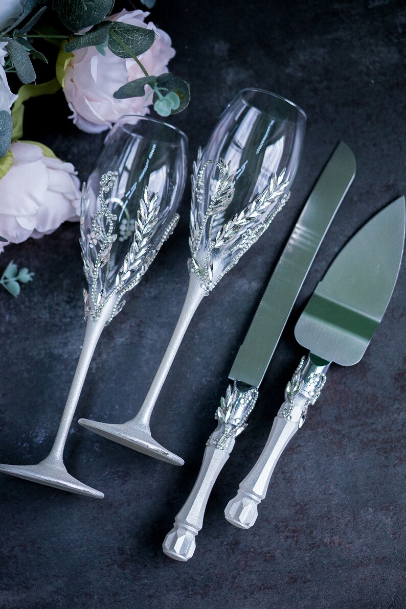 Silver Wedding Champagne Flutes and Cake Cutting Set Wedding Etsy