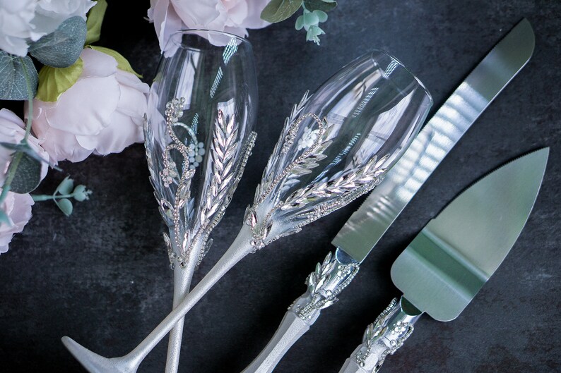Silver Wedding Champagne Flutes and Cake Cutting Set Wedding Etsy