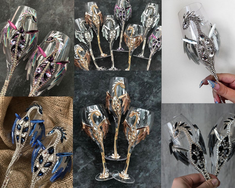 Gold or Silver Dragon Champagne Flutes Wedding Glasses for Etsy