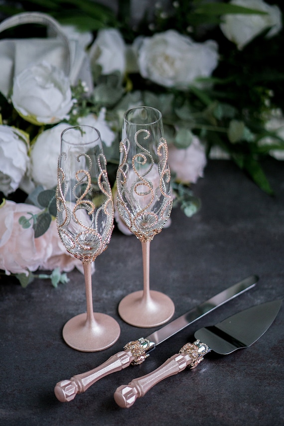 Rose Gold Bronze Wedding Set Wedding Flutes & Cake Server Sets Rose