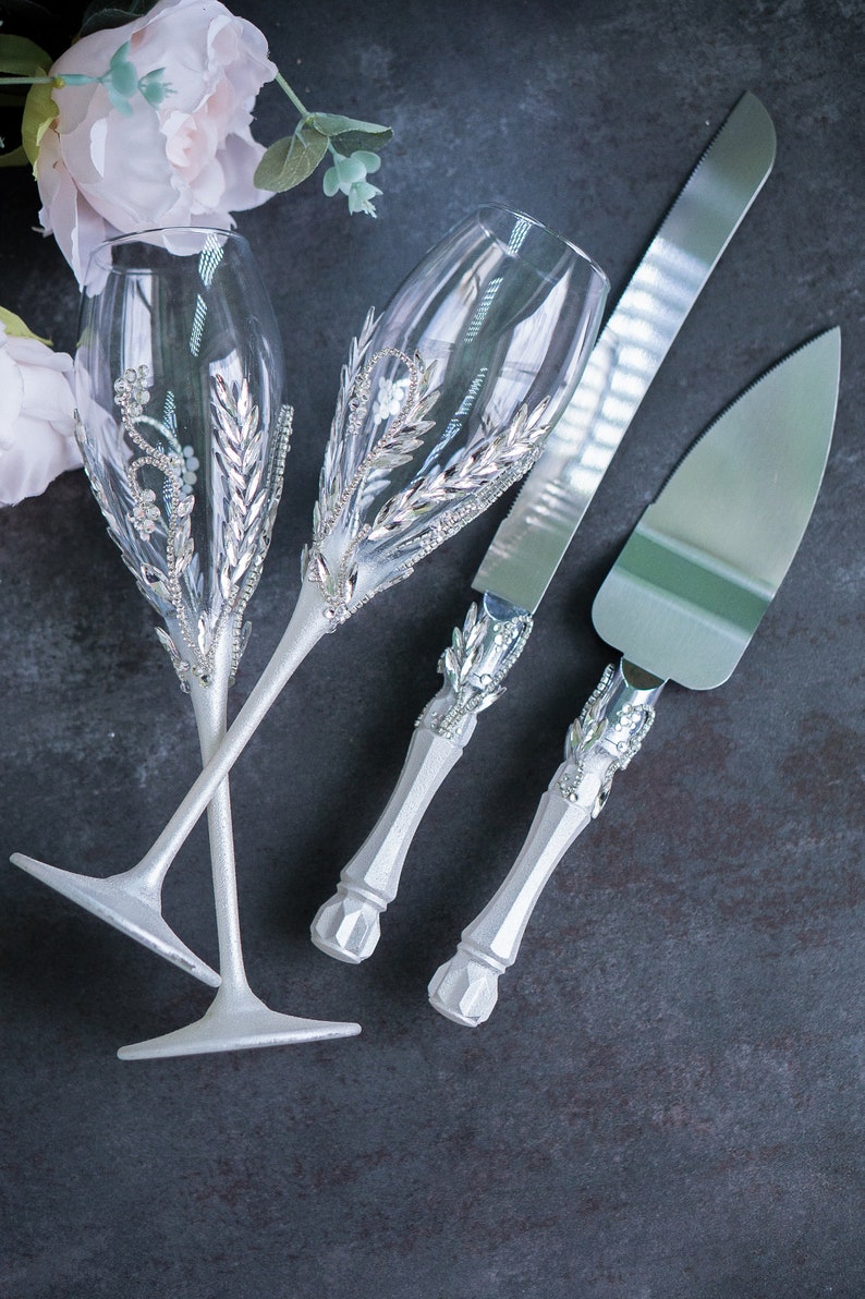 Silver Wedding Champagne Flutes and Cake Cutting Set Wedding Etsy