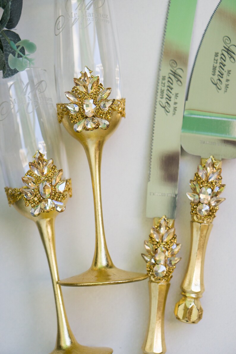 Gold Wedding Flutes and Cake Server Sets Wedding Knives