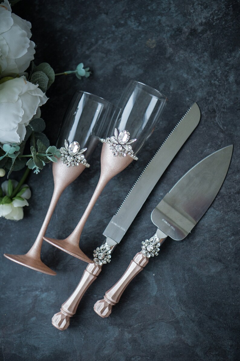 Rose Gold Wedding Flutes and Cake Server Sets for Bride and Etsy