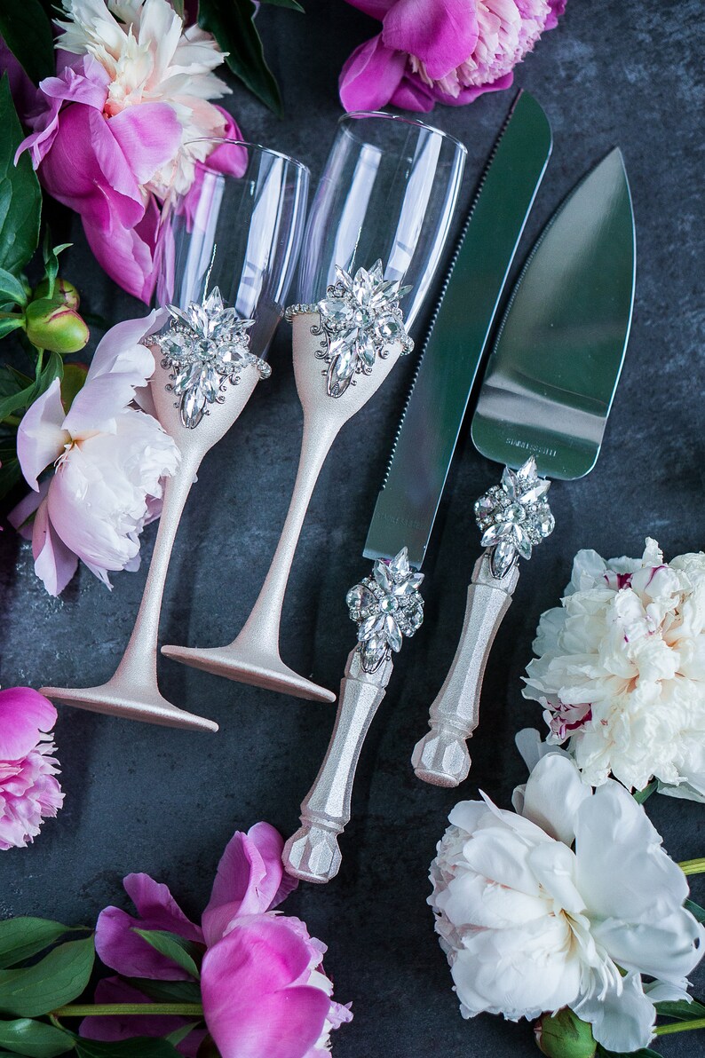 Silver Champagne Flutes and Cake Server Sets Wedding Cake Etsy