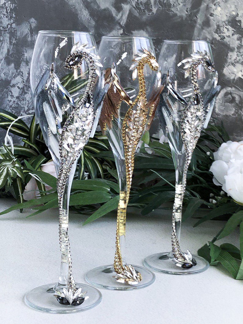 Dragon Wedding Flutes Bling Wedding Glasses Gold Silver | Etsy