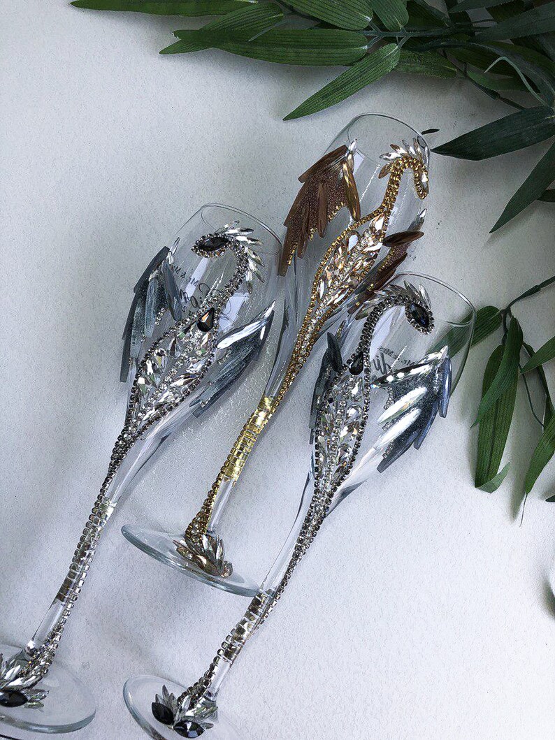 Gold or Silver Dragon Champagne Flutes Wedding Glasses for Etsy