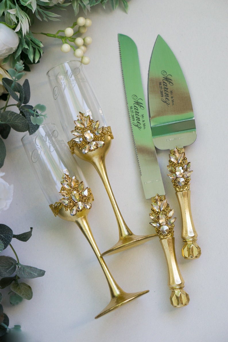 Gold Wedding Flutes and Cake Server Sets Wedding Knives and Etsy