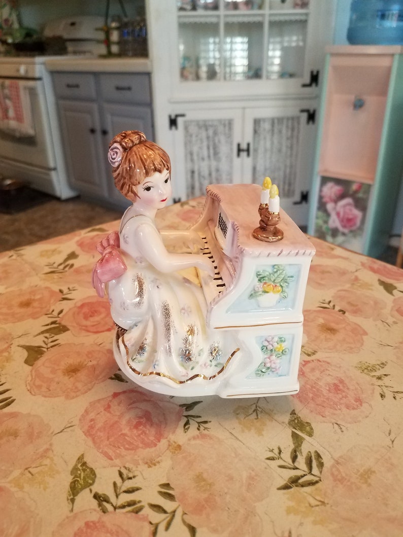 Vintage Lefton Music Box Girl Playing Piano Figurine Etsy