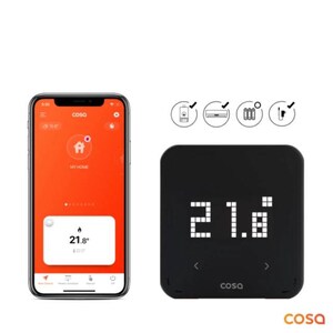 May include: A black smart thermostat with a digital display showing 21.8 degrees. The thermostat has a white Cosa logo and arrows to adjust the temperature. A smartphone with a Cosa app is shown in the background.