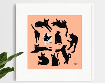 Fine Art Print, Gift for Cat Lovers, Home Decor, Pet Portrait, Black Cat Poster, Cat illustration, Housewarming Gift, Cat Poses, Coral Print