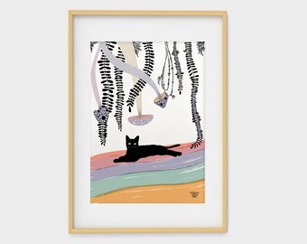 Fine Art Print for Cat Lovers, Modern Wall Art, Dopamine Wall Art, Black Cat Poster, Cat Portrait, Housewarming Gift, Pending Mushrooms