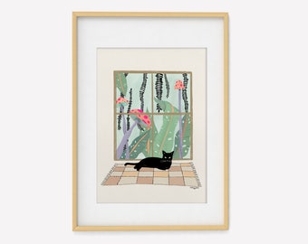 Fine Art Print for Cat Lovers, Modern Wall Art, Dopamine Wall Art, Black Cat Poster, Cat Portrait, Housewarming Gift, Magic Window