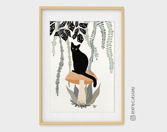 Fine Art Print for Cat Lovers, Modern Wall Art, Dopamine Wall Art, Black Cat Poster, Cat Portrait, Housewarming Gift,Cat sitting on Mushroom