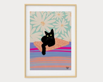 Fine Art Print for Cat Lovers, Modern Wall Art, Flowers Print, Wall Art, Black Cat Poster, Cat Portrait, Housewarming Gift