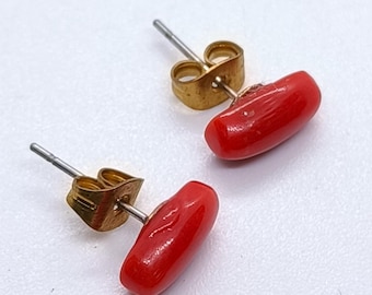 Red Coral Gold Plated Earrings: Italian Gemstone Dangle Drop