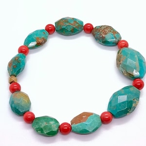 Turquoise  Coral Stretch Bracelet-Natural Turquoise Faceted Beads Bracelet-Red Blue Antique Handmade Bracelet-7/8 Inch Adjustable Bracelet