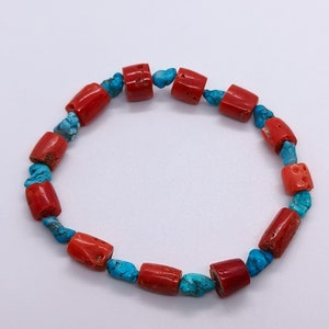 Amazing Charm Bracelet Turquoise Coral Stretch Bracelet-Turquoise Bracelet-Red Bamboo Coral Antique Handmade Bracelet-7/8 Inch Bracelet