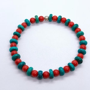 Charm Bracelet Turquoise Coral Stretch Bracelet-Turquoise Faceted Bracelet-Red Bamboo Coral Antique Handmade Bracelet-7/8 Inch Bracelet