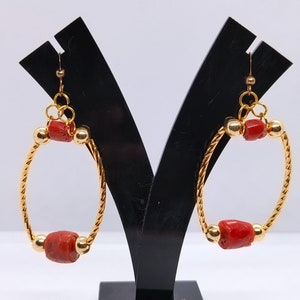 Red Coral Gold Brass Earring-100%Natural Italian Red Coral Beads Earring-Handmade Red Coral Earring-Expansive Gold Plated Earring