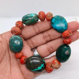 Vintage Turquoise Coral Beads Bracelet-Natural Turquoise And Red Coral Beads Bracelet-Red Blue Antique Handmade Bracelet-Adjustable Bracelet