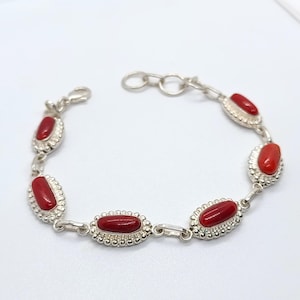 Natural Red Coral Silver Bracelet-Red Coral Triangle Shape  Bracelet-Coral Gemstone Handmade Bracelet-Statement Bracelet-Adjustable Bracelet