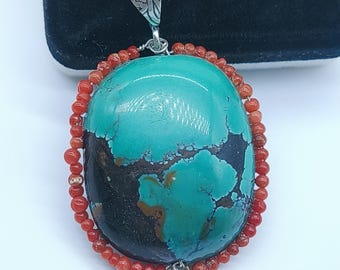 Handmade Turquoise & Coral Pendant-Unique Tibetan Coral Brass Antique Vintage Pendant Necklace   Jewelry