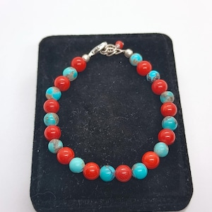 Amazing Turquoise Coral Silver Bracelet-Handmade Turquoise Beads Silver 5/6mm Beads Bracelet-Buy Your Love Gift-Italy Natural Red Coral