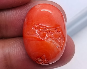 Rare Japanese Coral Carved Cabochon-(Aka Coral) Value-Priced For Reason-Natural Japanese Expansive Oval Carving Cabochon Jewelry Making M193