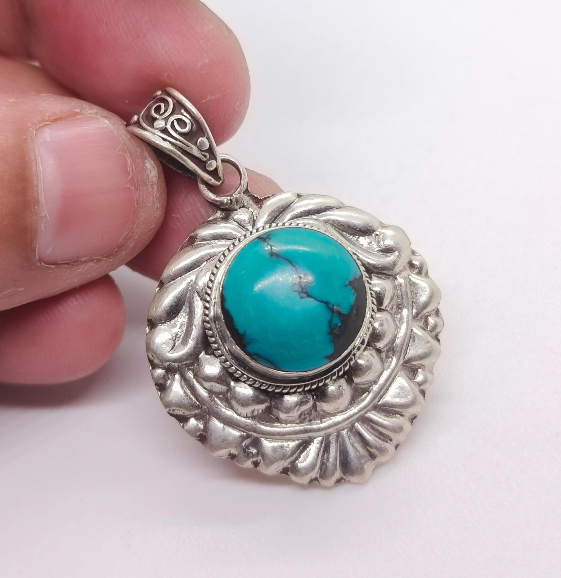 Buy Genuine Turquoise Sterling Silver Pendant - Handmade Nepali
