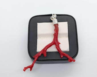 Italian Red Coral Stick Pendant, German Silver Setting
