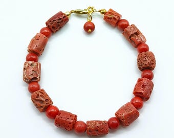 Handmade Red Coral Bracelet: Gold Filled Beaded Gemstone Jewelry