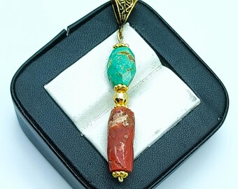 Rare Handmade Turquoise & Coral Pendant: Tibetan Coral Gold Brass Antique Vintage  Jewelry