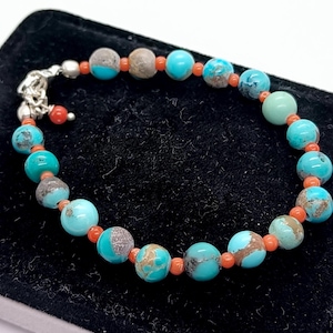 Beautiful Turquoise Red coral Silver Bracelet-Handmade Turquoise Beads Silver Bracelet-Buy Your Love Gift-Italy Natural Red Coral Round Bead