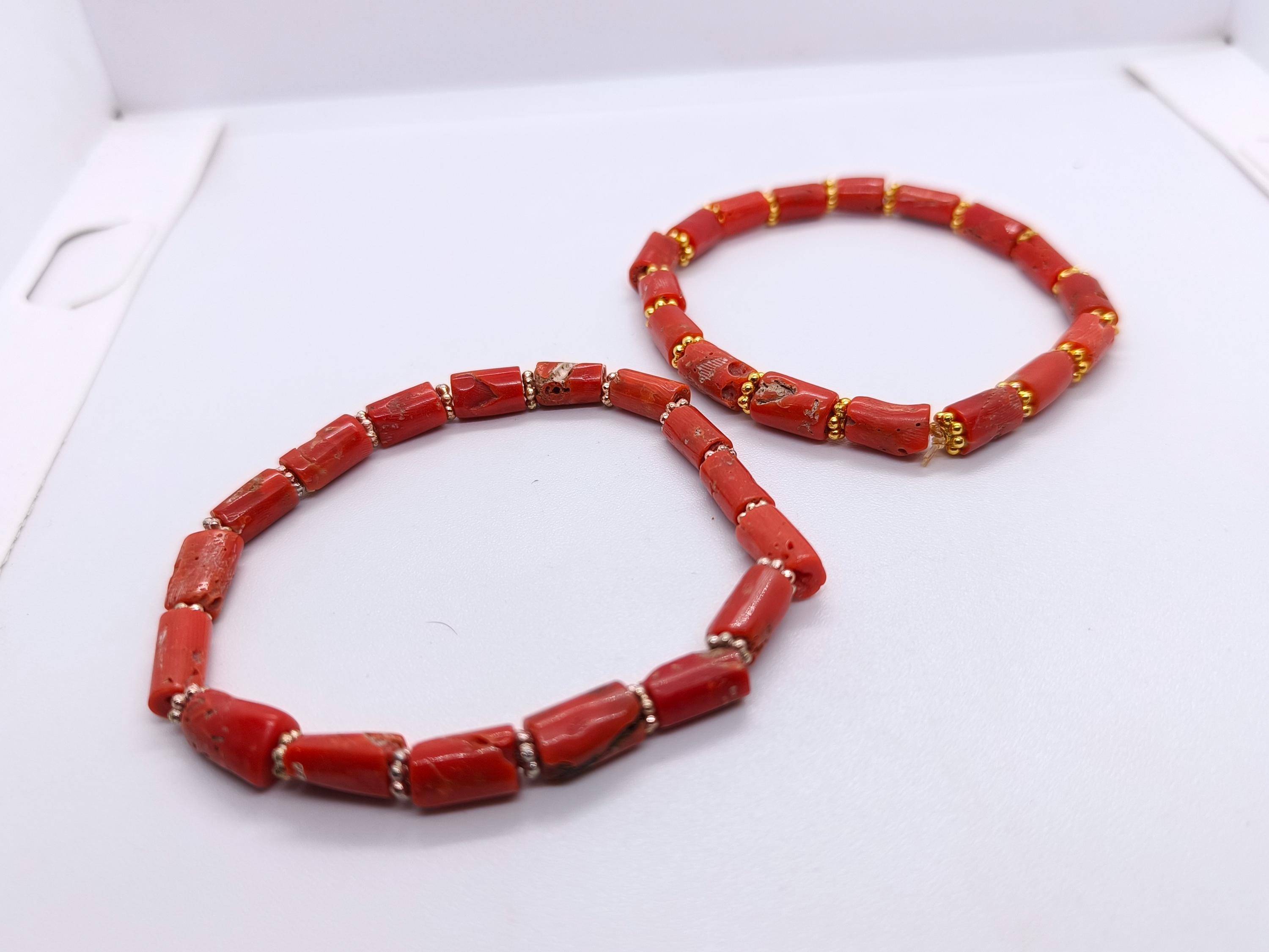 天然赤珊瑚ブレスレットペア：金メッキ＆銀メッキビーズ - Etsy 日本