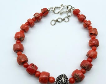 Pulseira de Coral Vermelho Genuíno, sem Tingimento, Coral Vermelho Italiano Natural, Pulseira de Prata de Lei 925 com Pedra Preciosa