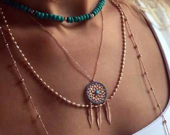 Sterling Silver Dreamcatcher Pendant, 14K Rose Gold Plated, Zircon Stones